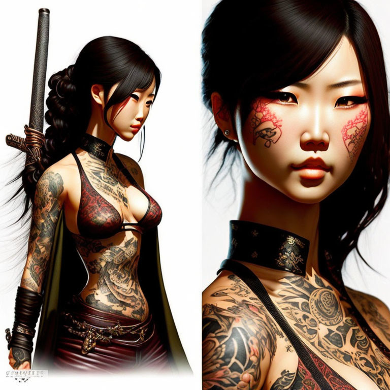 Illustration of woman with intricate tattoos, katana, ornate attire, and bold makeup