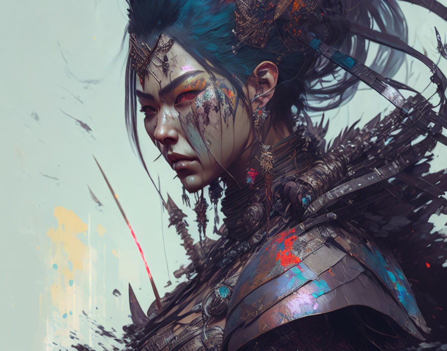 Fantasy warrior with blue skin and metallic armor in colorful illustration