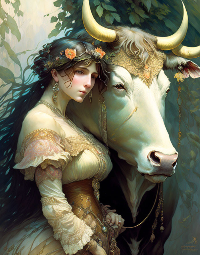 Dark-haired woman in floral crown with ornate bull in mystical forest