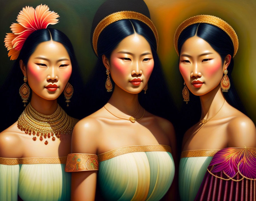Three Asian women in traditional attire with gold jewelry and floral hair accessories