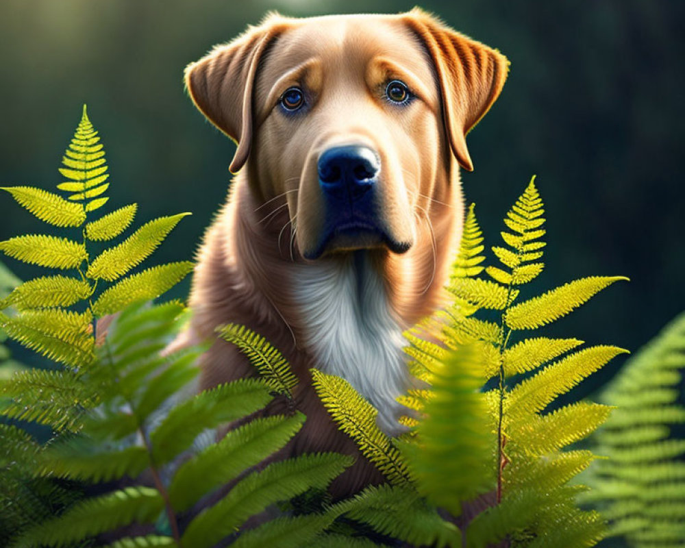 Labrador Dog Peeking Through Green Ferns in Sunlit Forest