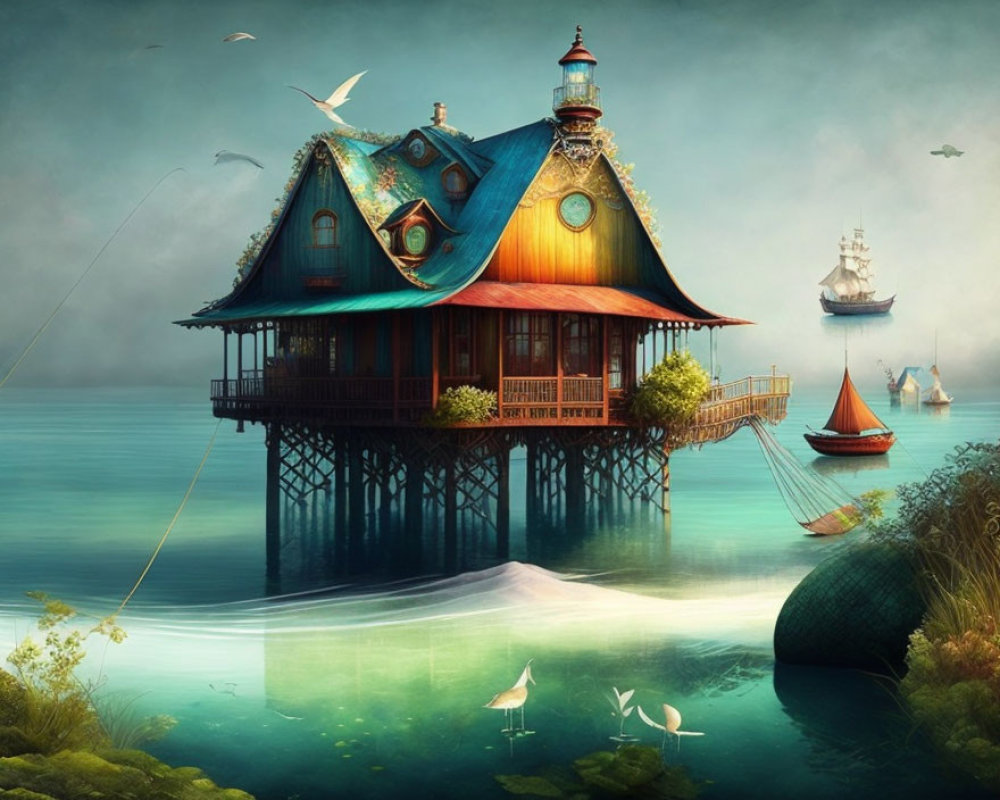 Whimsical stilt house with blue roof above water and underwater views.