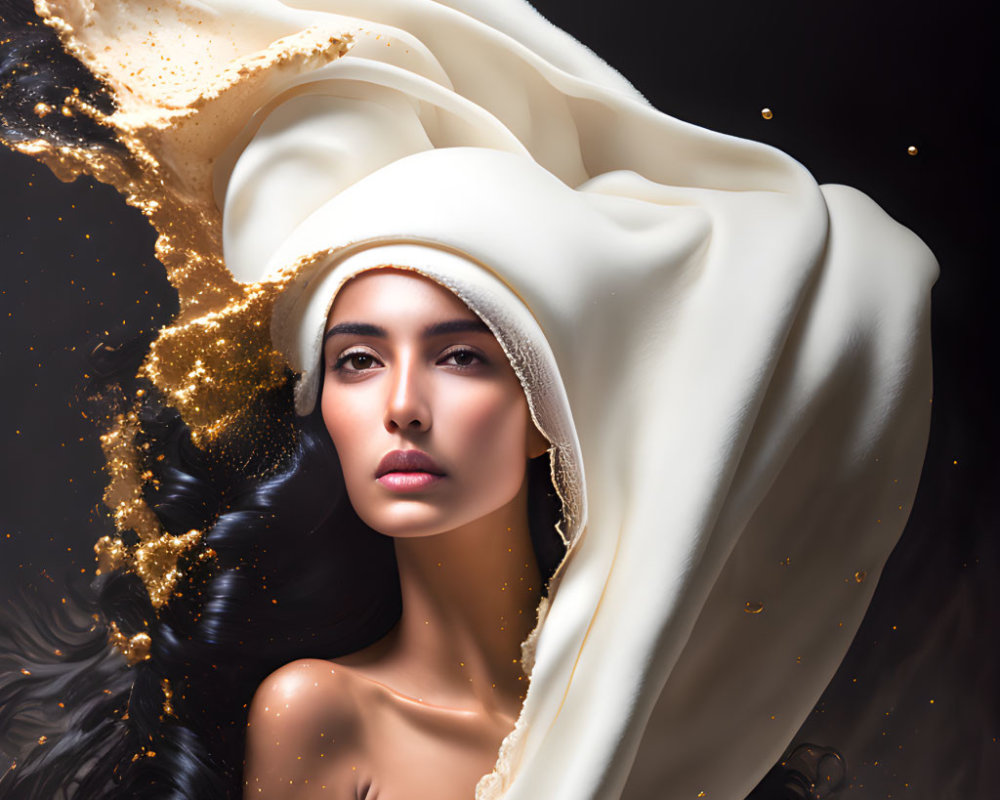 Woman in white fabric with gold splashes, serene face and dark hair