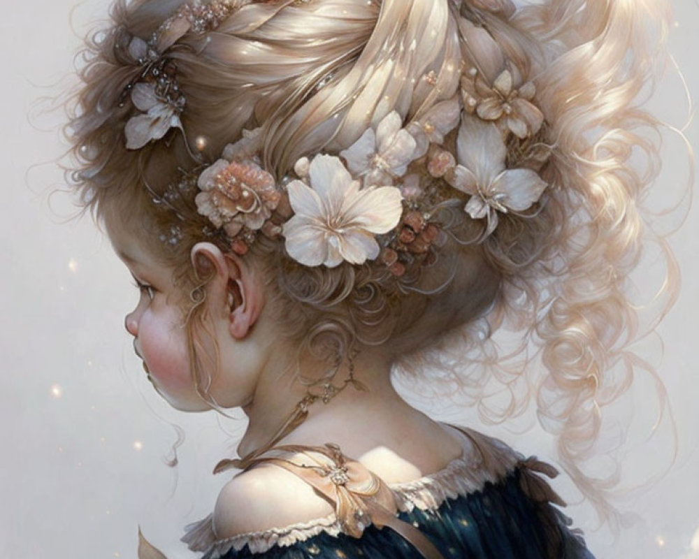 Young girl with elaborate blonde curls and floral jewelry from behind.