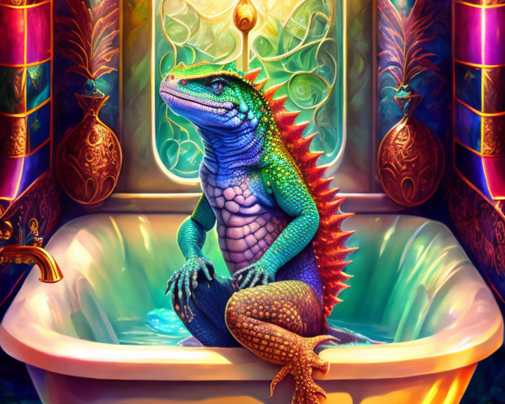 Colorful anthropomorphic lizard in luxurious bathtub setting with glowing lights