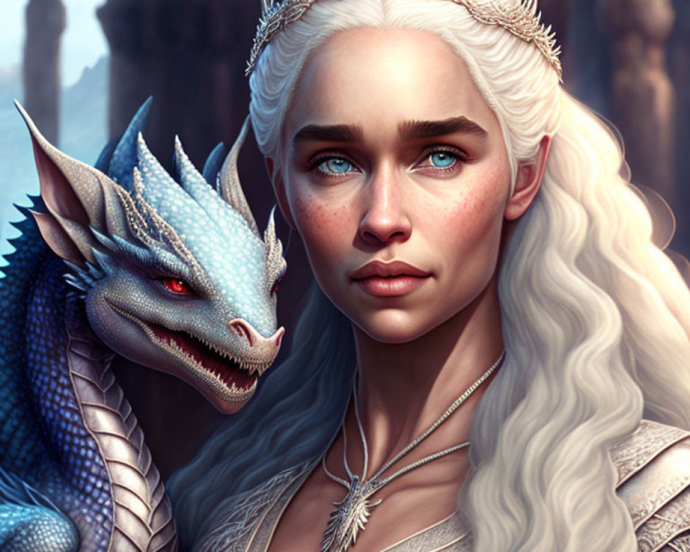 Fantasy illustration of white-haired woman with blue dragon against ancient structure.