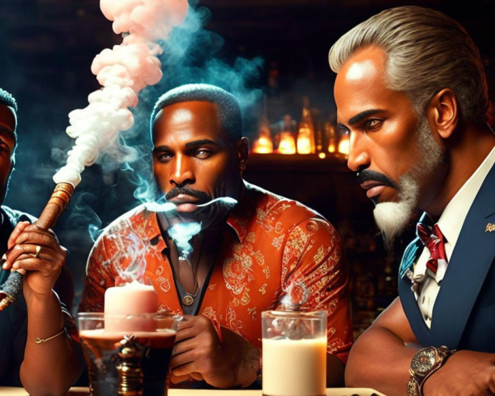 Three men in upscale bar with cigars and drinks