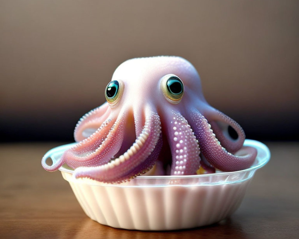 Whimsical octopus with cartoonish eyes in white bowl on wooden surface