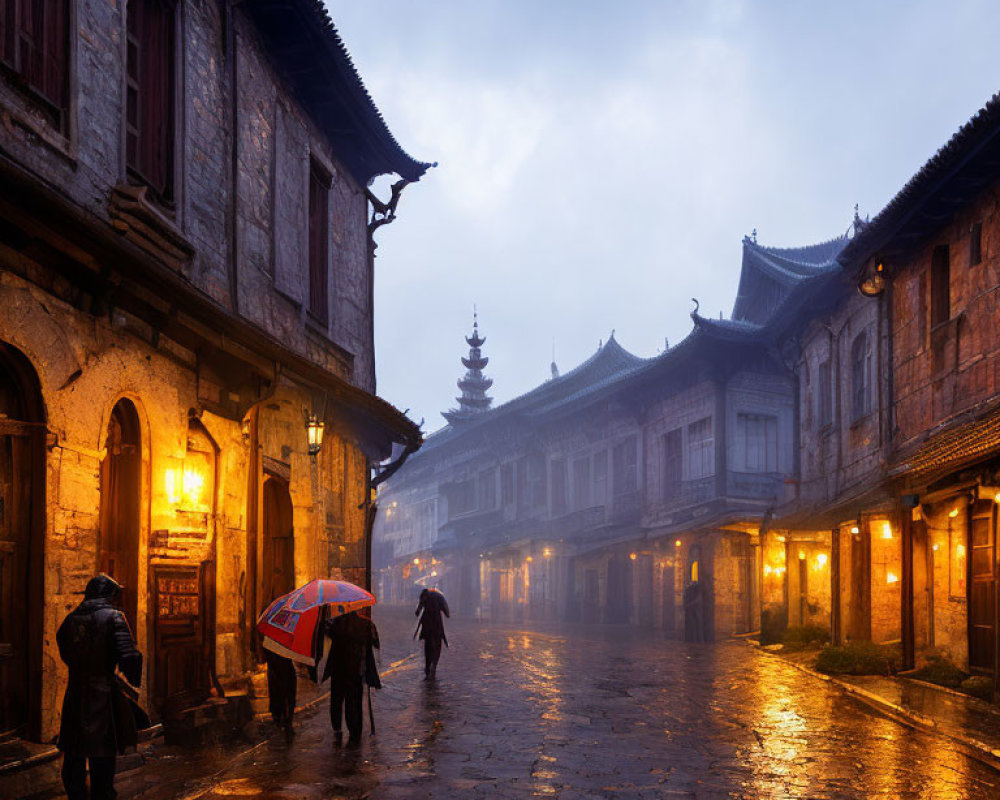 Misty Ancient Town Street Scene with Pedestrians and Warm Lights
