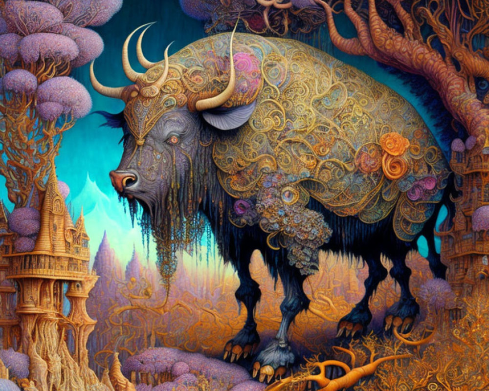 Ornately patterned bull in fantastical landscape with intricate foliage