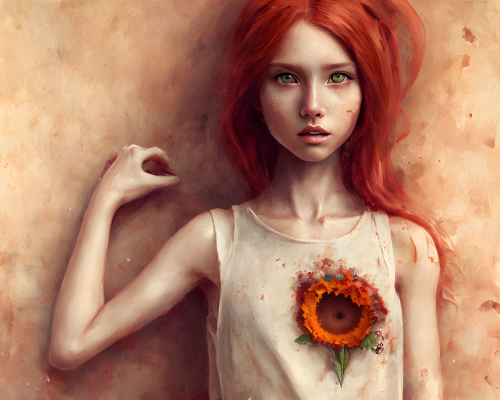 Red-Haired Girl Portrait with Sunflower on Warm Background