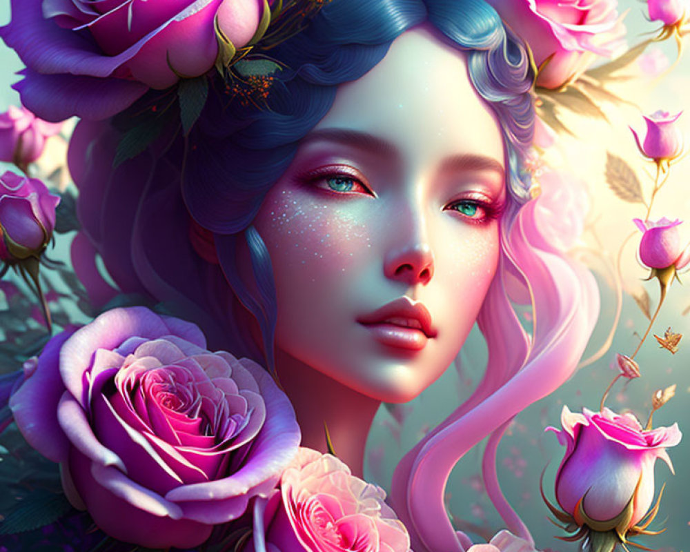 Digital artwork: Woman with pastel skin, pink roses, mystical aura