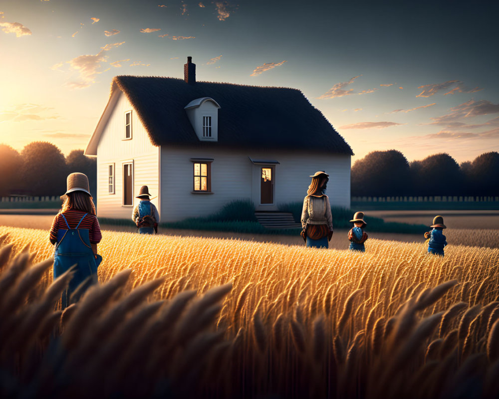 Scarecrow family in wheat field at sunset near white farmhouse