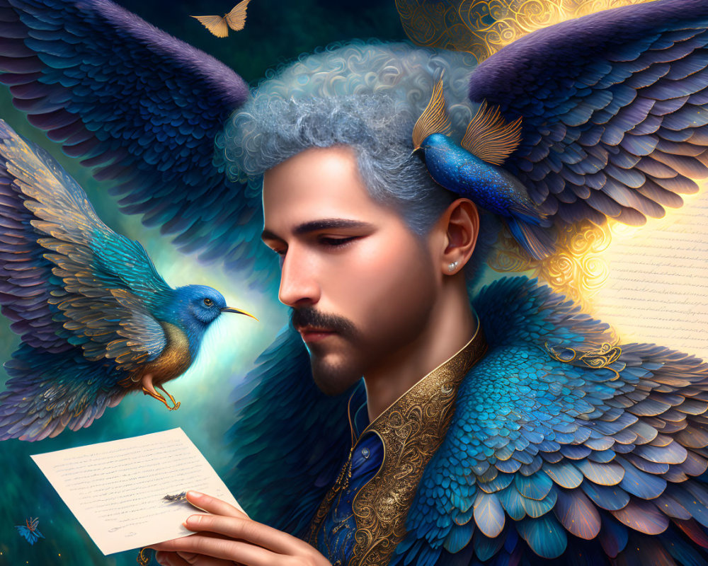 Man with Blue Bird-Like Wings and Feathers Holding Letter