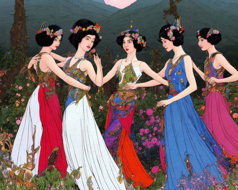 Five Women in Traditional Asian Attire Amidst Lush Garden