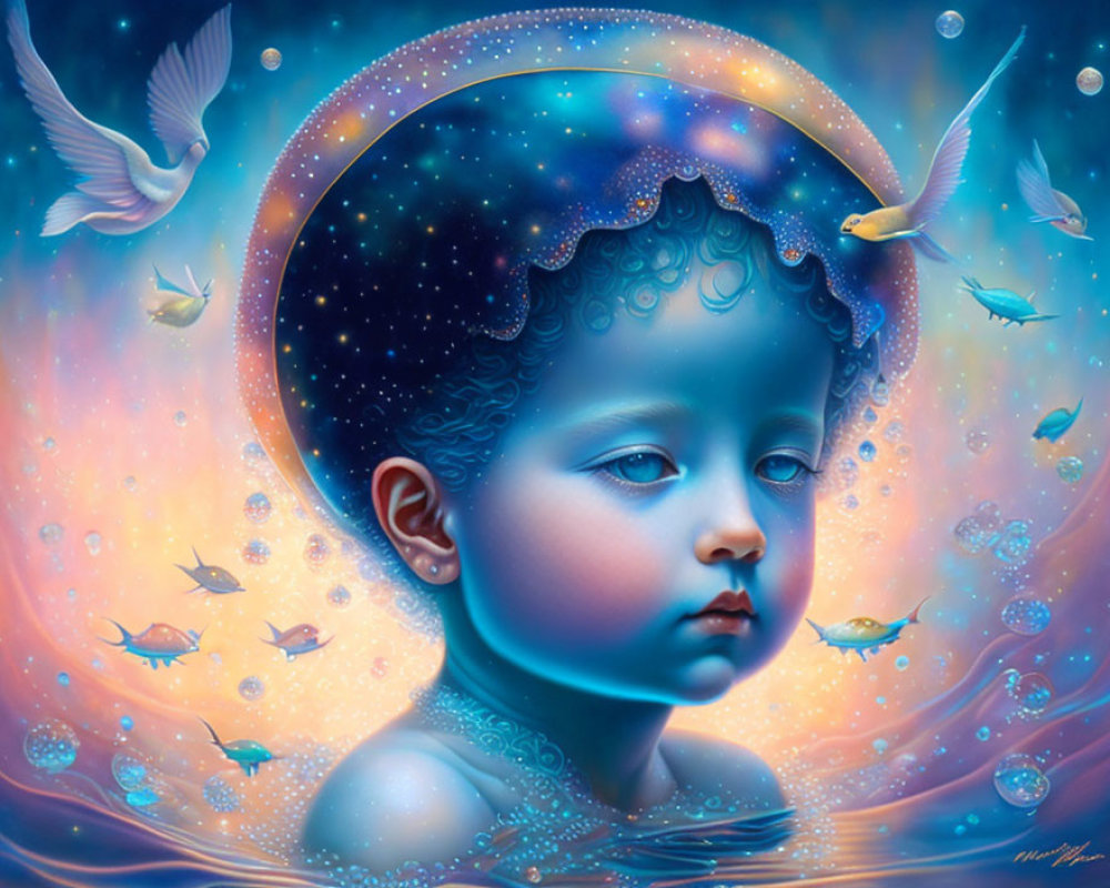 Surreal cosmic-themed portrait with child, birds, fish on blue background
