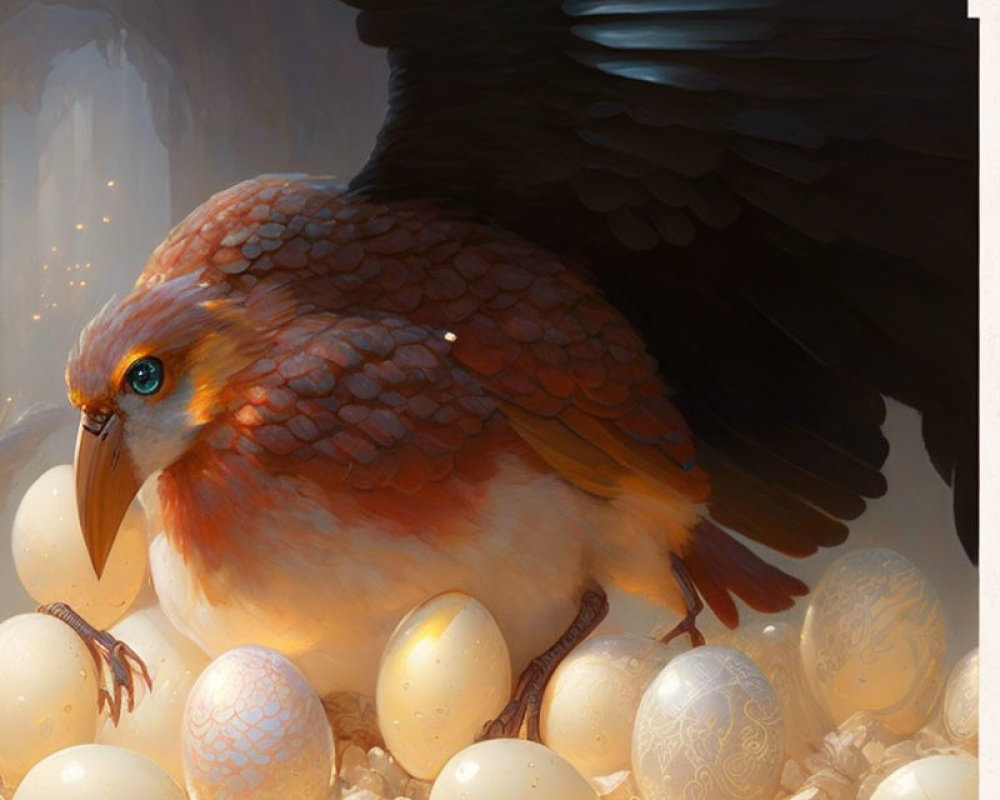 Giant orange bird guarding glowing nest with intricate eggs