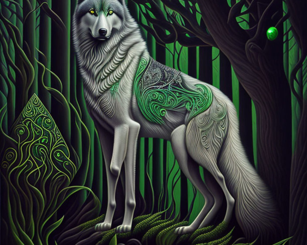 Mystical gray wolf with green patterns in vibrant forest landscape