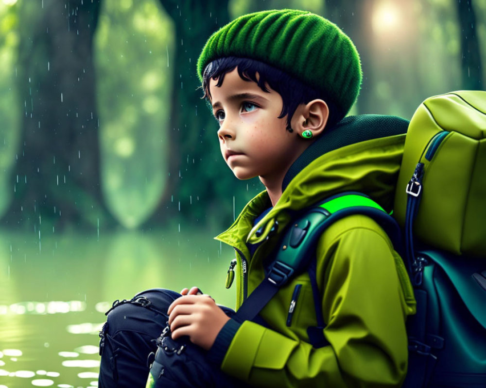 Child in green hat and backpack gazes outdoors in gentle rain