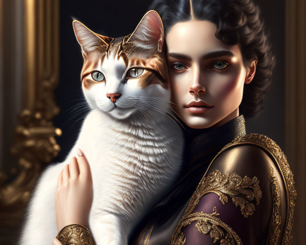 Digital artwork of woman with dark hair holding cat against luxurious background