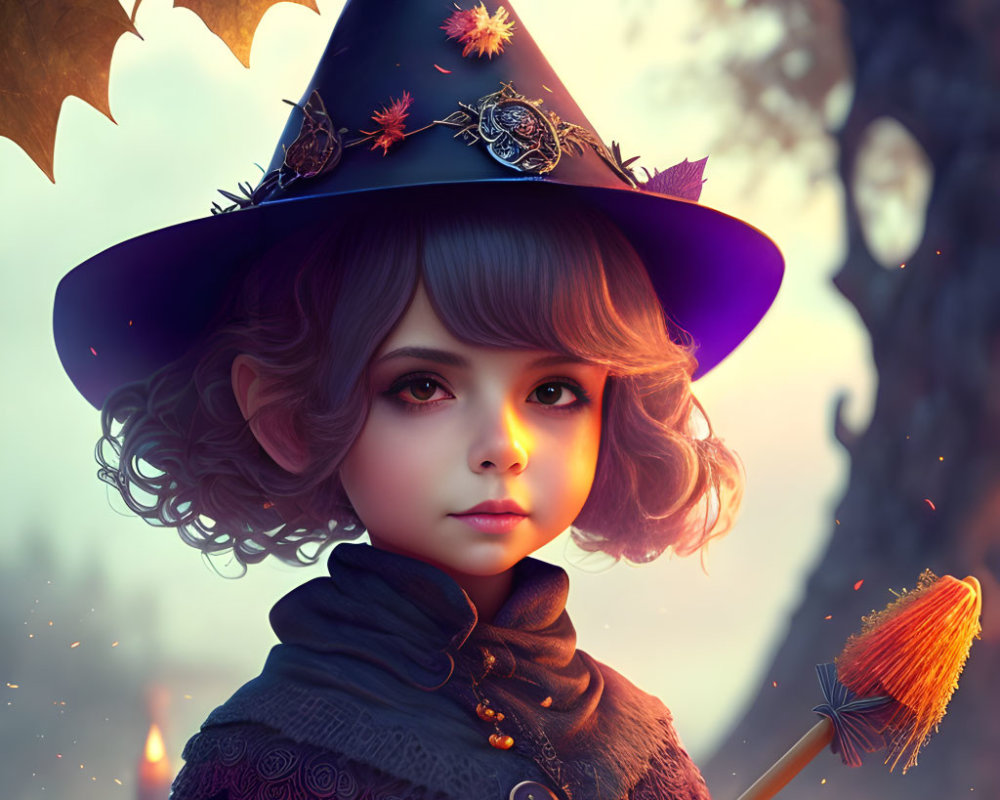 Illustrated young witch in pointed hat with broom in magical autumn forest