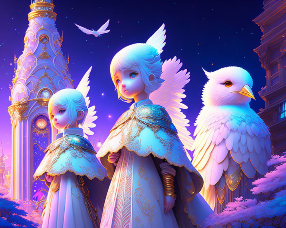 Illustrated characters with white wings and ornate clothing in glowing cityscape.