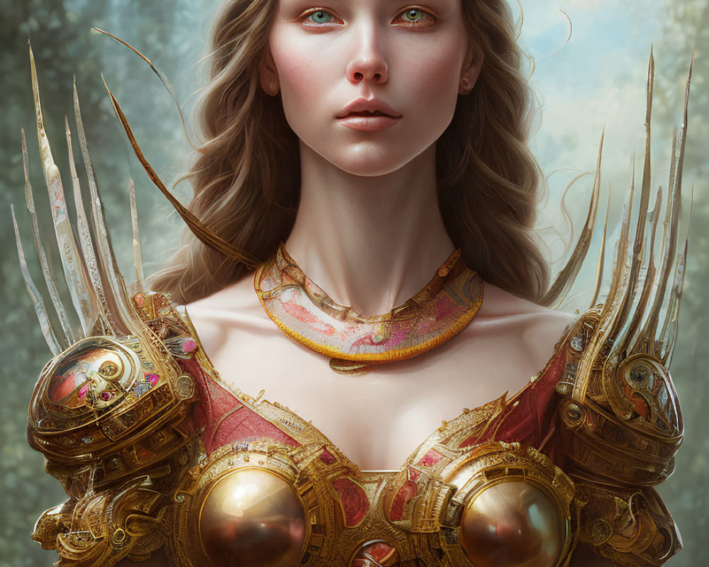 Regal woman in golden crown and armor in misty forest