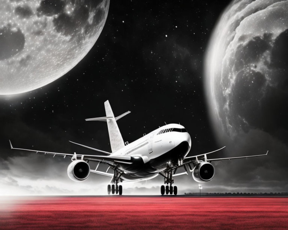 Airplane landing on crimson runway under moon and stars