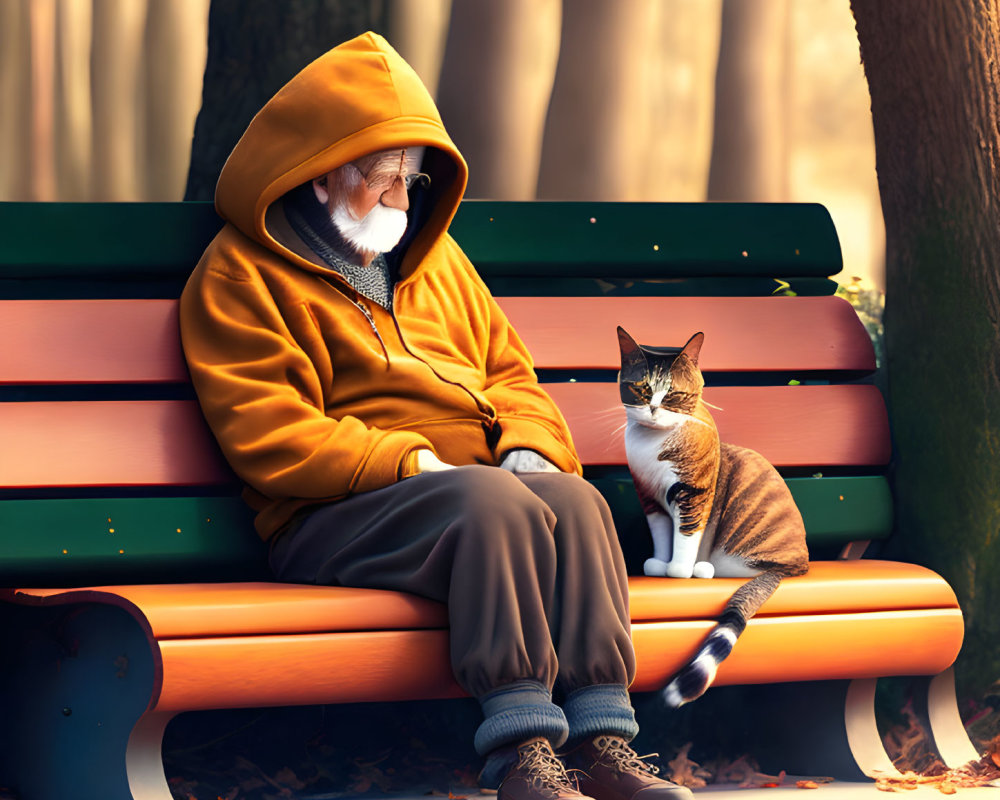Elderly person with cat in mustard hoodie on park bench among autumn trees