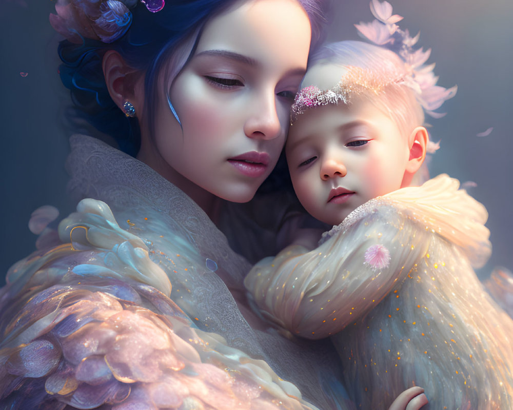 Illustration of woman with blue hair embracing child in fantastical attire