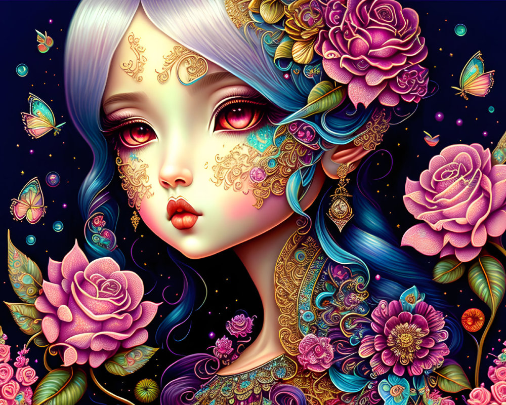 Colorful Female Figure with Gold Facial Tattoos & Floral Motifs