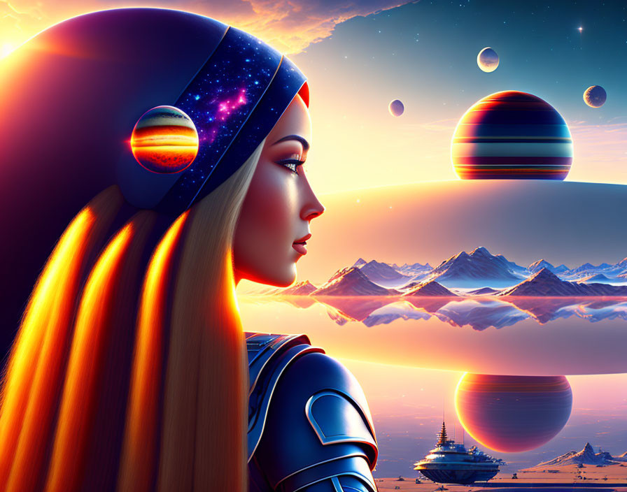 Futuristic female android with cosmic helmet in alien landscape