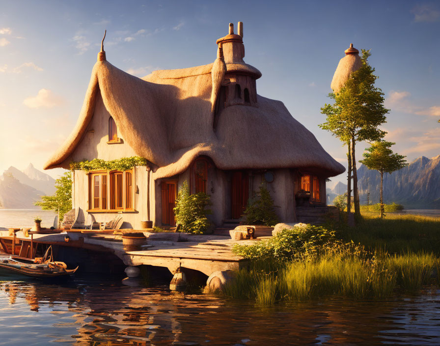 Thatched-Roof Cottage by Calm Lake with Wooden Dock