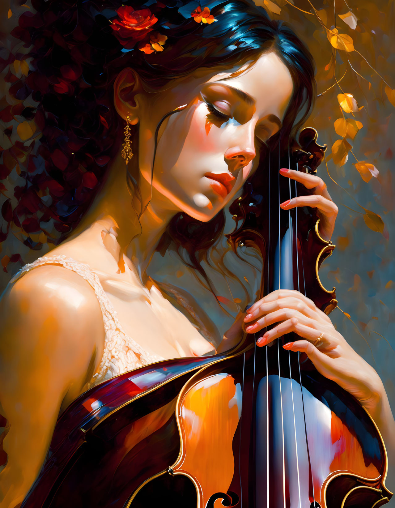 Woman with Dark Hair and Flowers Holding Cello Against Vibrant Background