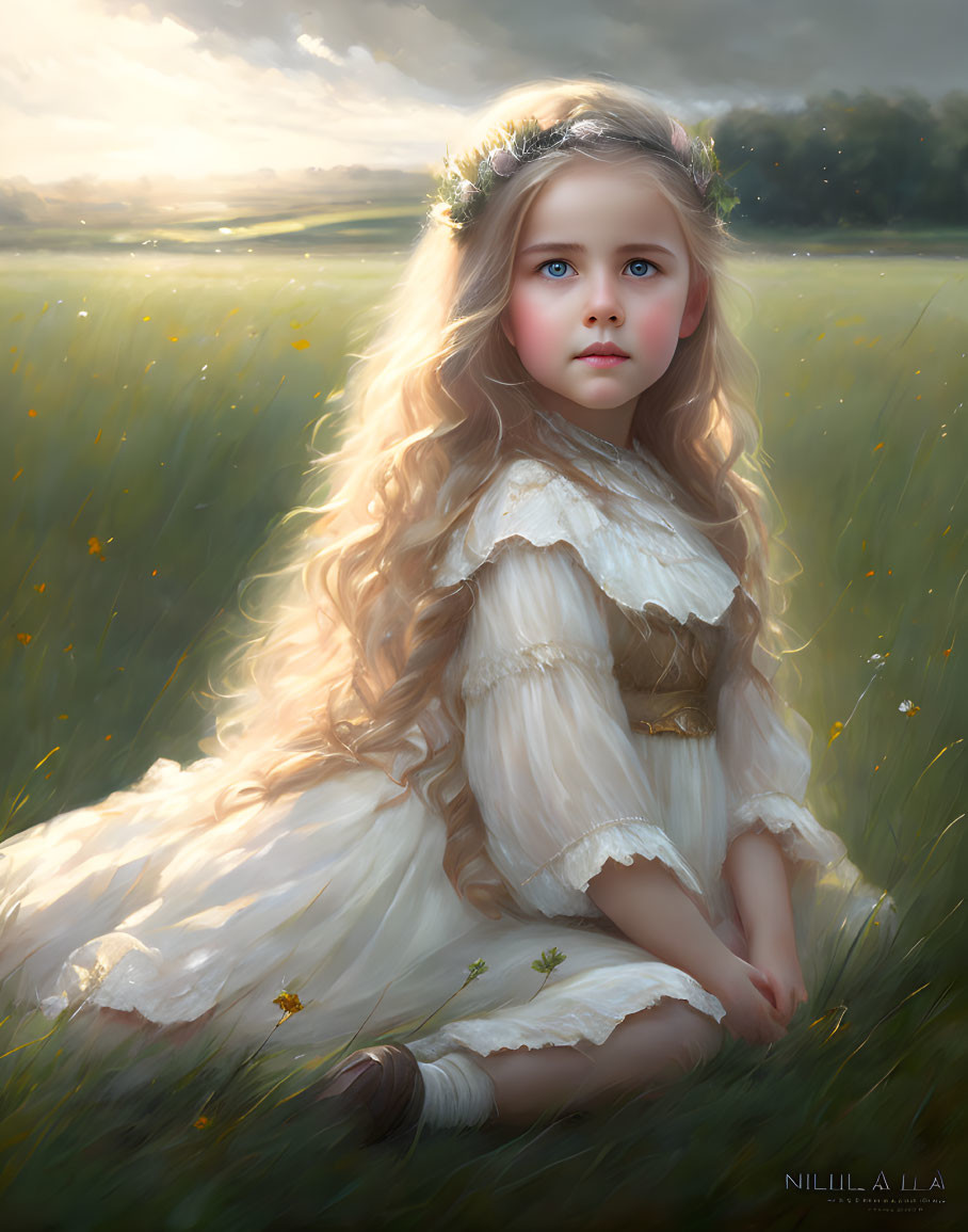 Young girl with long, curly hair in floral crown in sunlit field