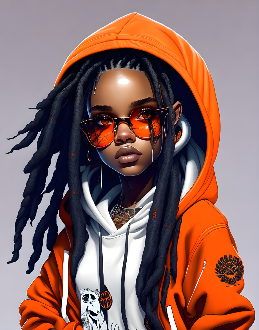 Illustration of person with dreadlocks in orange hoodie, sunglasses, earrings, tattoos.
