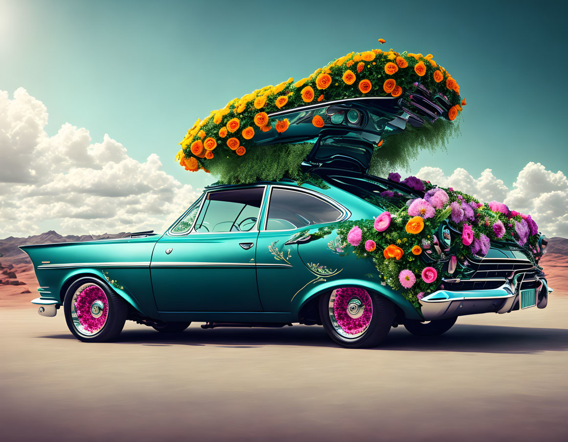 Vintage teal car adorned with vibrant flowers in desert setting