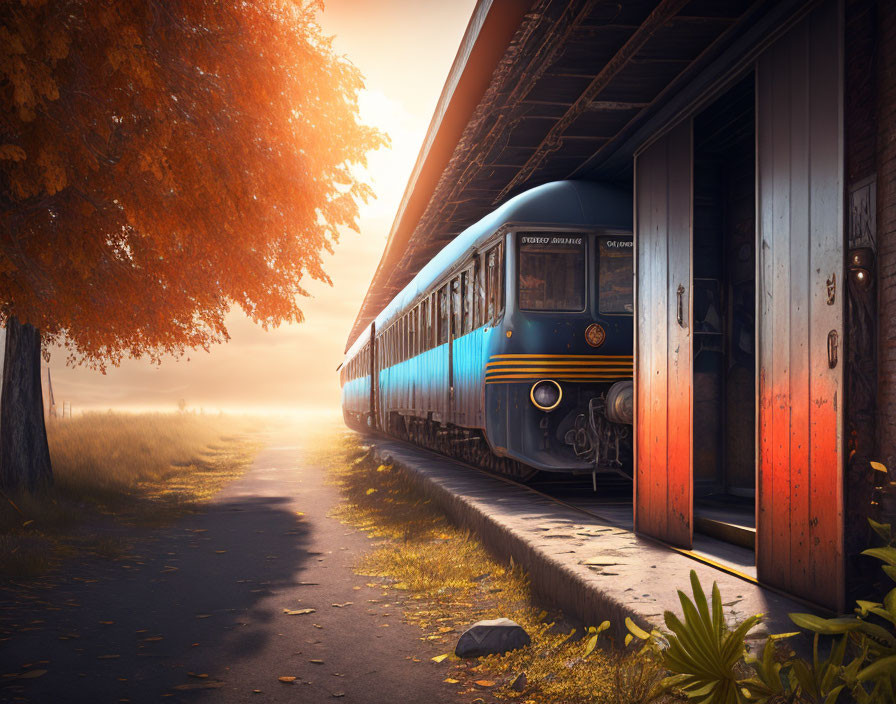 Vintage Blue Train at Rustic Station in Misty Autumn Morning