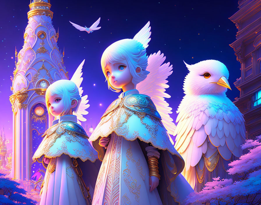 Illustrated characters with white wings and ornate clothing in glowing cityscape.