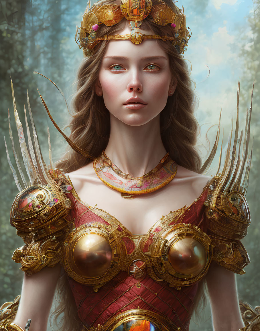 Regal woman in golden crown and armor in misty forest