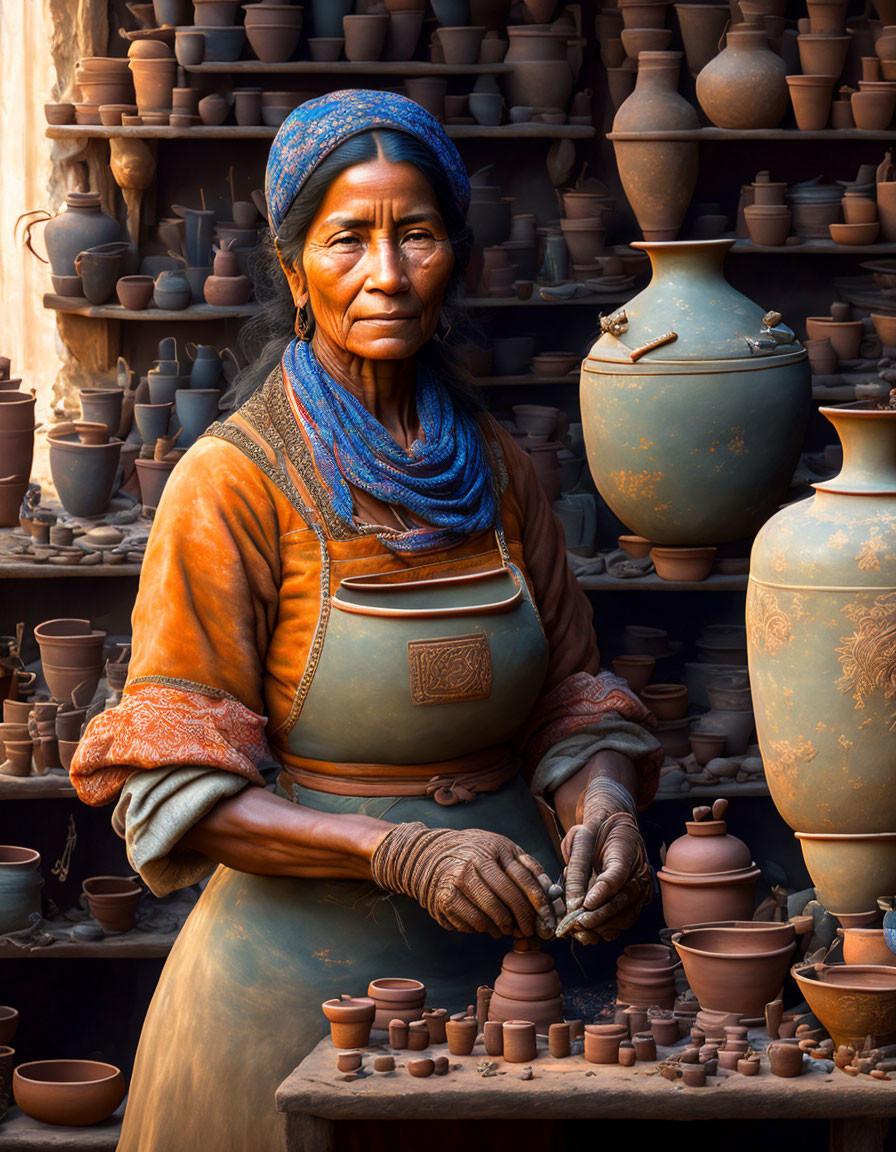 Woman crafting clay pots in blue headscarf and orange garment amid pottery workshop