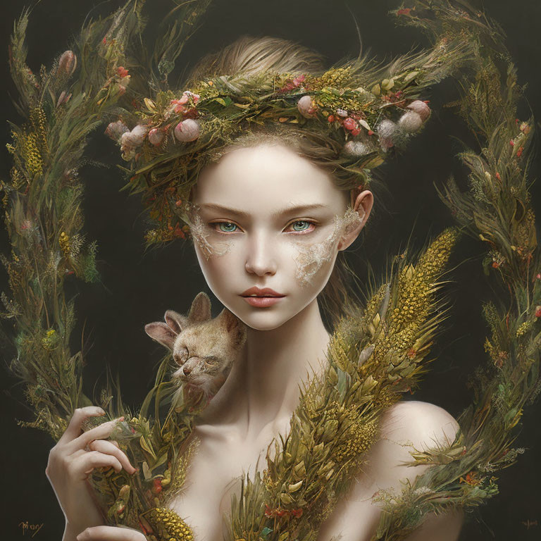 Woman with Floral and Wheat Crown Holding Cat in Serene Portrait
