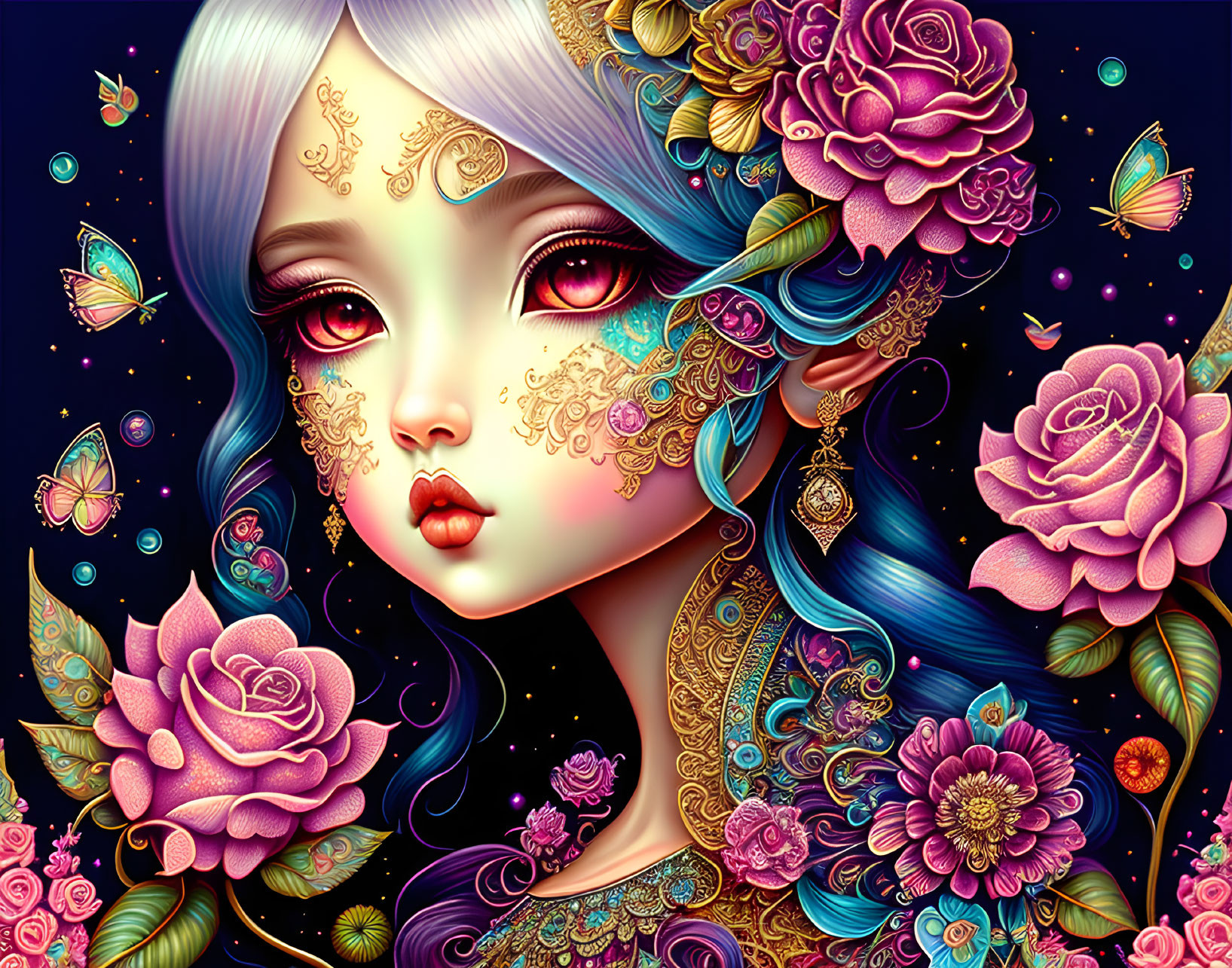 Colorful Female Figure with Gold Facial Tattoos & Floral Motifs