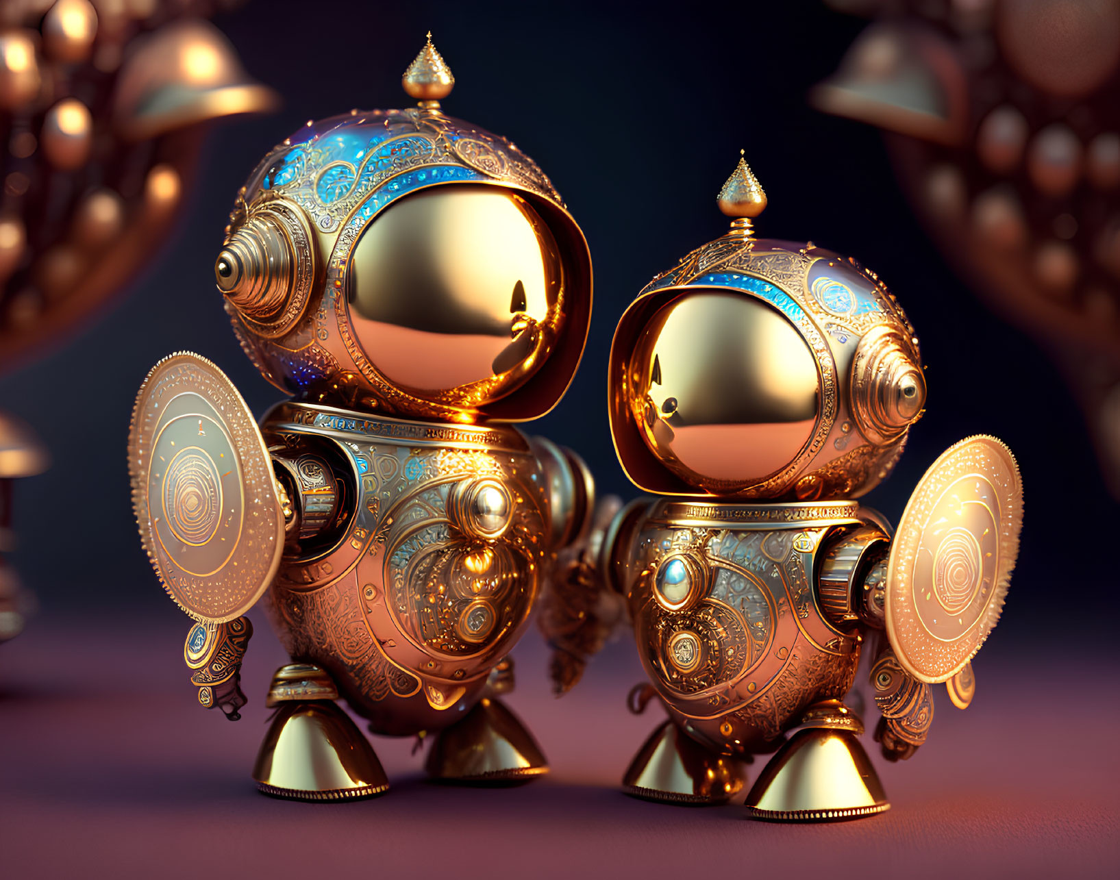Golden Steampunk Robots with Shields on Dark Background