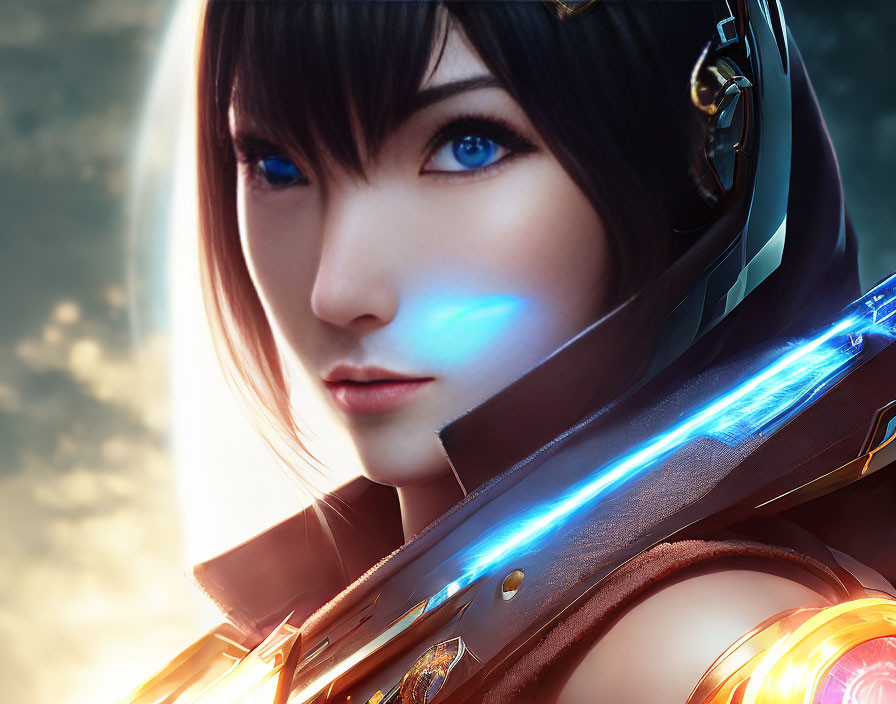 Female Animated Character in Futuristic Armor with Blue Eyes and Headset