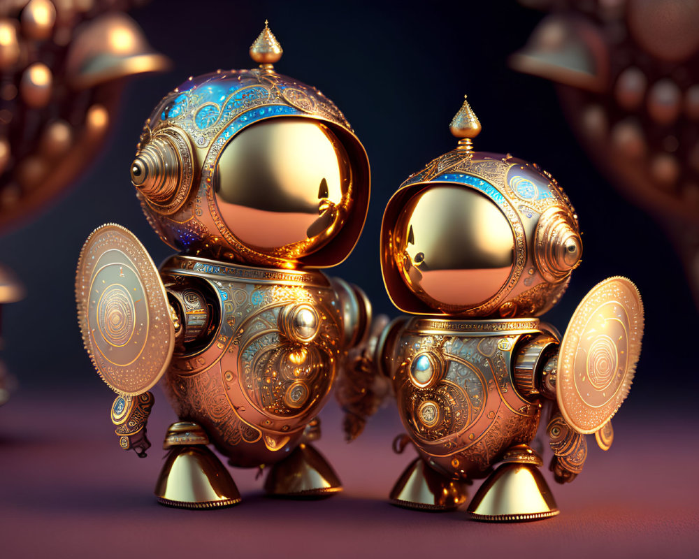 Golden Steampunk Robots with Shields on Dark Background