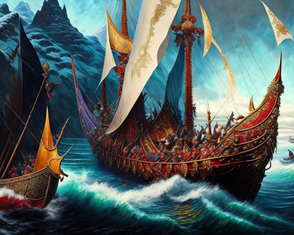 Ornate Viking ships with carved sails and warriors in armor on turbulent seas