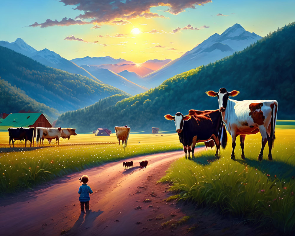 Child on Path in Scenic Valley with Cows and Mountains at Sunset
