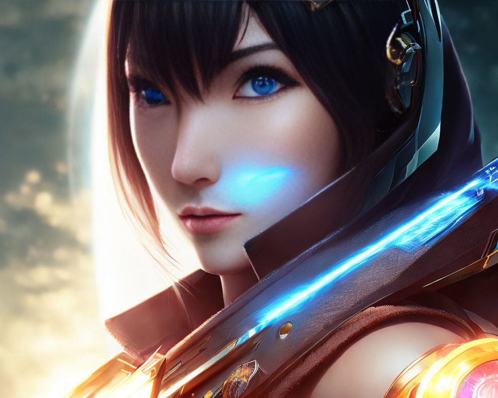 Female Animated Character in Futuristic Armor with Blue Eyes and Headset