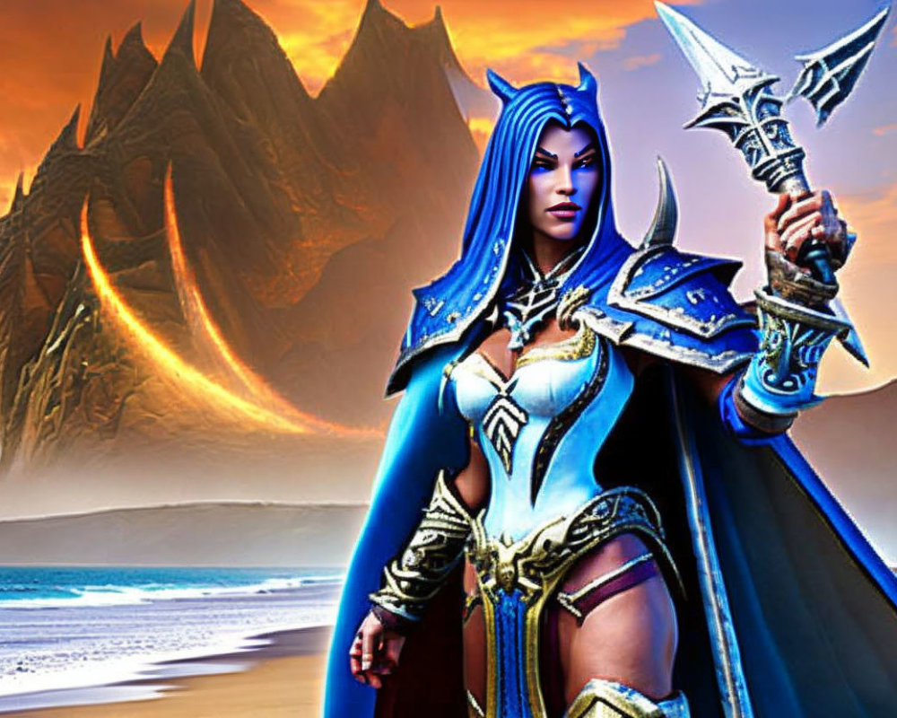 Fantasy female warrior with blue skin and axe on beach with fiery mountains